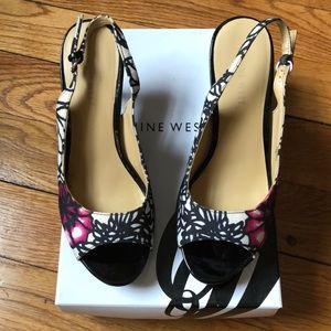 Nine West open-toed sling back heels. Floral